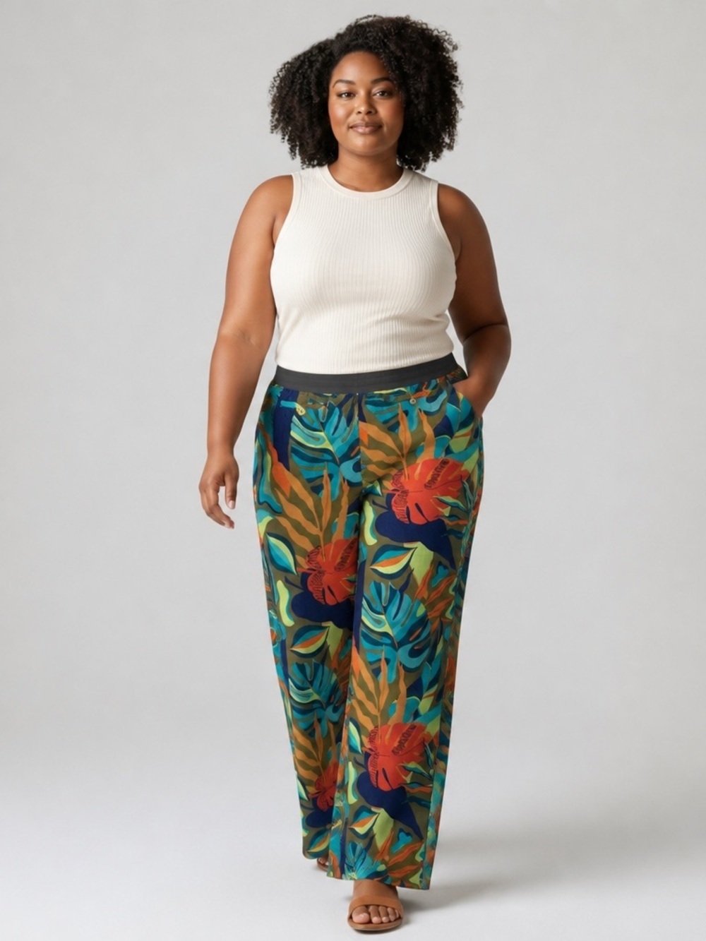 Soft Surroundings Aliso Point Tropical Leaf Linen Pants Wide Leg LG Resortwear